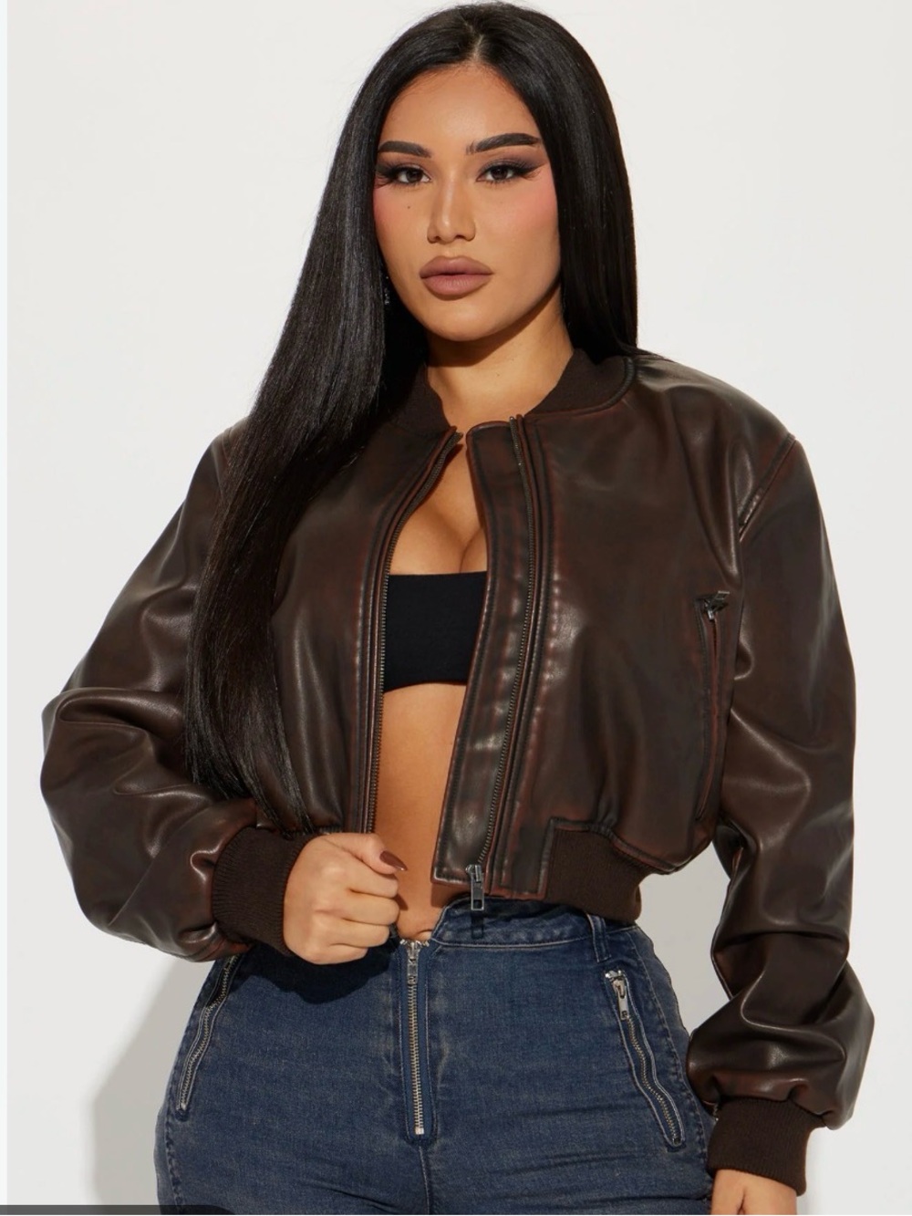 Fashion nova washed faux leather bomber jacket